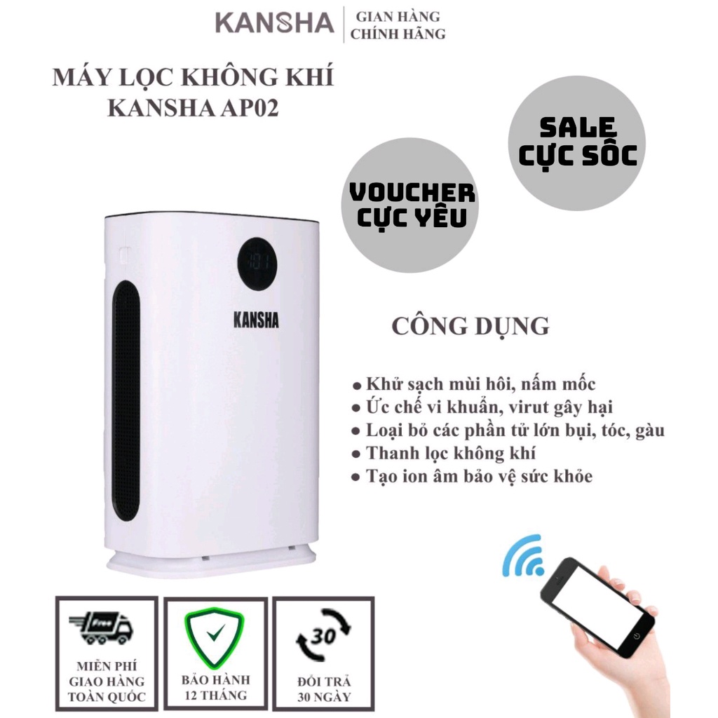 Máy lọc không khí bù ẩm kết nối wifi KANSHA AP02 - Air Purifier - Diện tích 70m2-Bộ lọc đa lớp HEPA-Hàng chính hãng