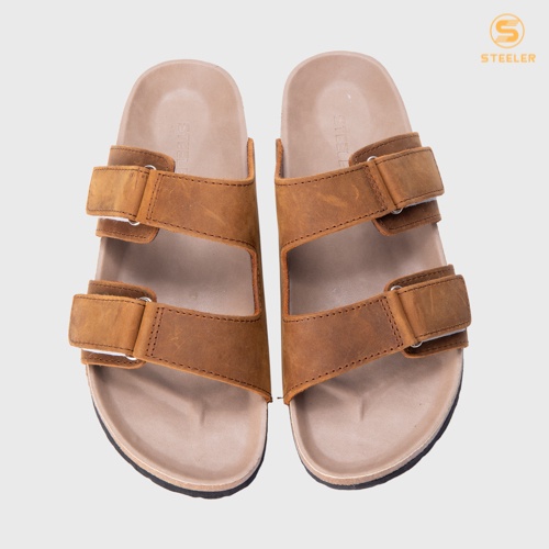 Dép đế trấu nam da bò Steeler, quai ngang 2 lớp Unisex, chống thấm mồ hôi, Trấu quai dán xé nâu