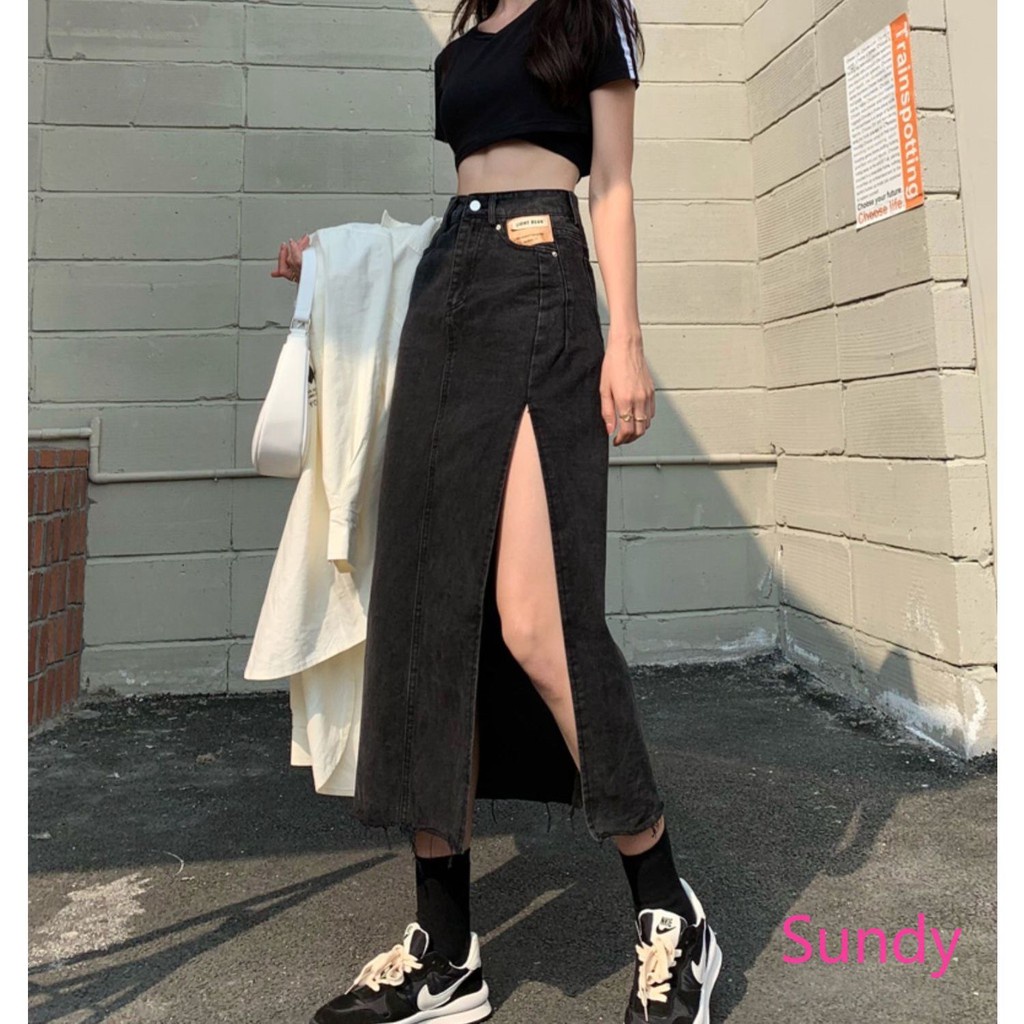 [Mã SRJULY1215 giảm 20K đơn 50K] Chân Váy Jeans Dáng Dài Lưng Cao Chữ A Xẻ Tà Thời Trang Cho Nữ | BigBuy360 - bigbuy360.vn