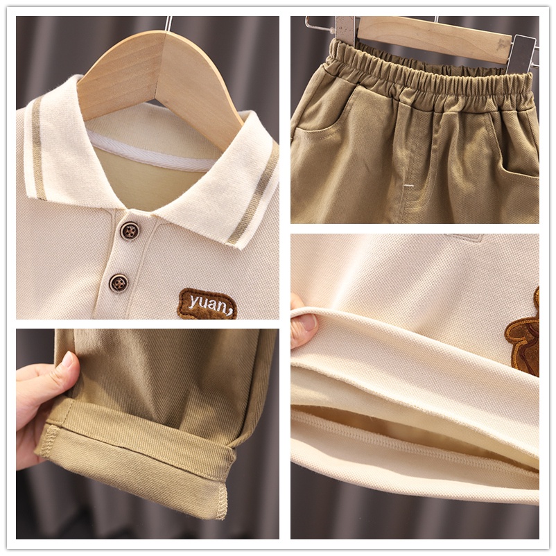 HÀNG ĐẸP-Sét áo polo thêu gấu, quần kaki cho bé trai mẫu 2022. Bộ nỉ da cá thêu gấu