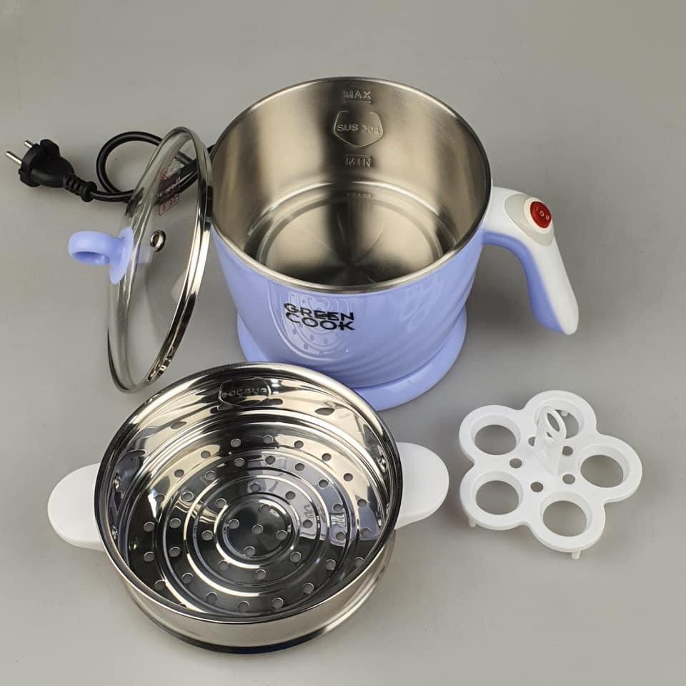 Ca nấu lẩu, nấu mì đa năng mini có tầng hấp ( giao màu ngẫu nhiên) Greencook GCEK-12D01, 600W, dung tích 1.2L