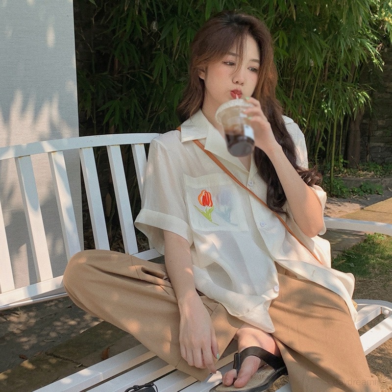 Áo Sơ Mi Chống Nắng Tay Ngắn Cổ Bẻ Dáng Rộng Thêu Hoa Hồng Thời Trang Mùa Hè Hàn Quốc Cho Nữ