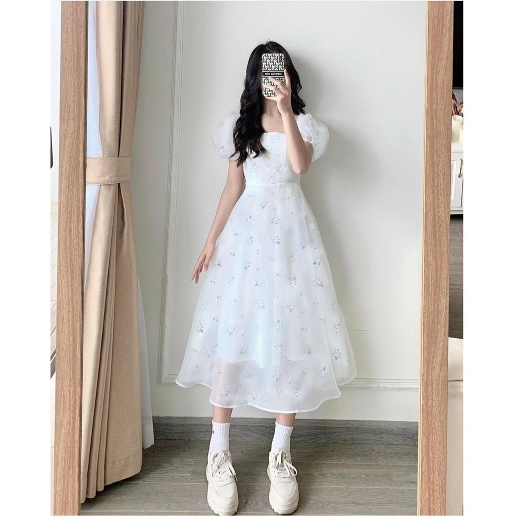 Đầm trắng hoa nút bọc tay voan | BigBuy360 - bigbuy360.vn