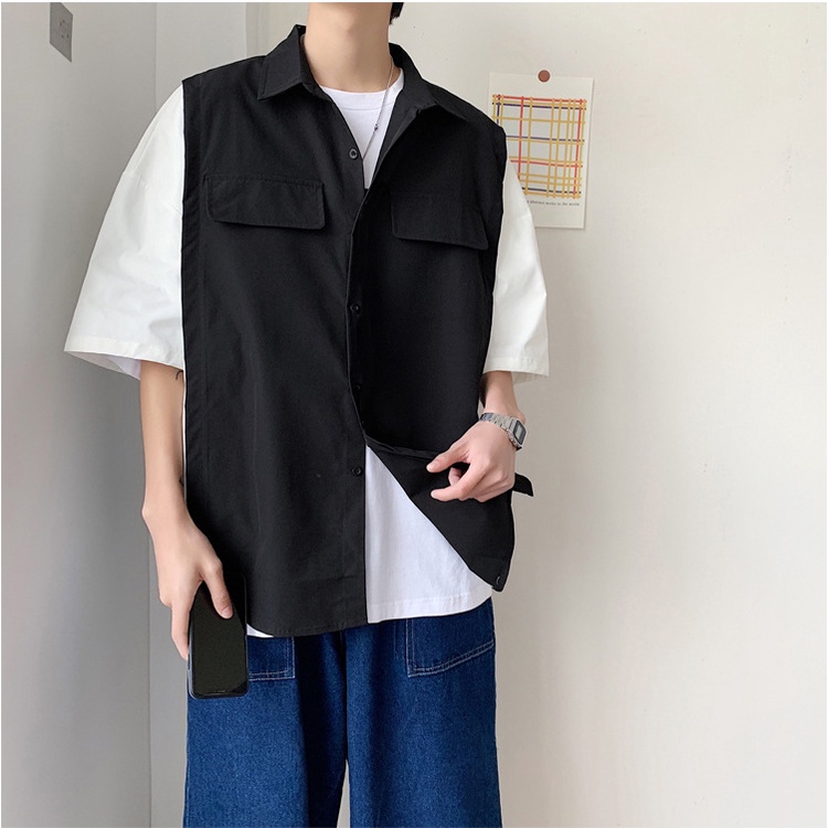 Áo Sơ Mi Tay Lỡ Form Rộng Phối Ulzzang, Sơ Mi Tay Lửng Phong Cách Hàn Quốc