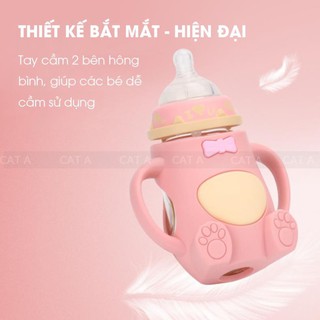 Bình Sữa giữ nhiệt thủy tinh, Bình Ti Sữa Cho Bé Có Tay Cầm CUTE - HÀNG MỚI VỀ [Dung tích 240ML]