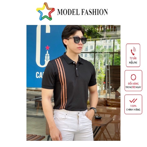 Áo thun polo nam nữ tay ngắn đen sọc nâu dọc hàn quốc Model Fashion