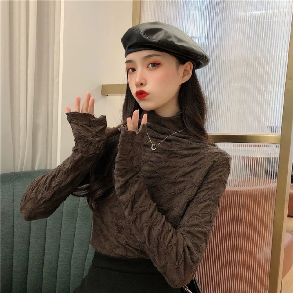 Áo Thun Tay Dài Cổ Cao Xếp Ly Dáng Ôm Thời Trang Hàn Quốc Cho Nữ