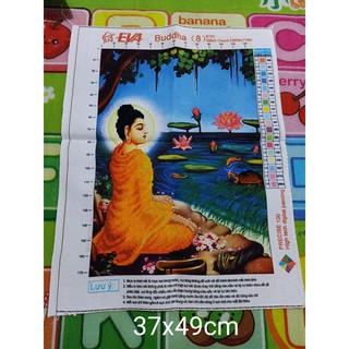 (Đã Thêu 23) Tranh Thêu Chữ Thập Phật Thích Ca Ngồi Ngắm Hoa Sen