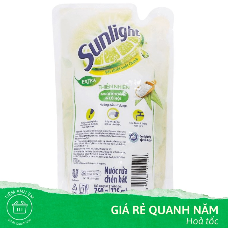 Nước rửa chén Sunlight thiên nhiên muối khoáng và lô hội an toàn cho chén dĩa trẻ em túi 725ml