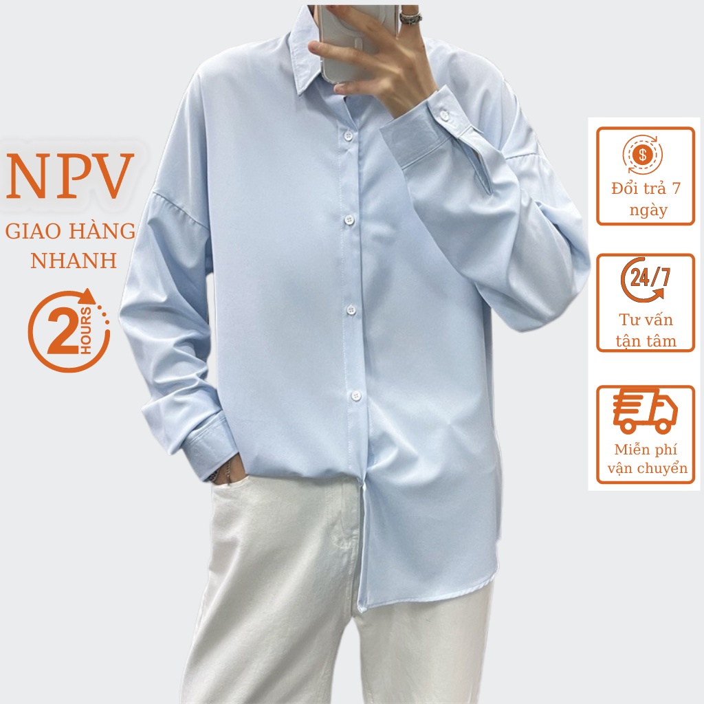 Áo sơ mi nam dài tay NPV cổ bẻ, áo sơ mi trắng dáng ôm vải lụa nến không nhăn không xù