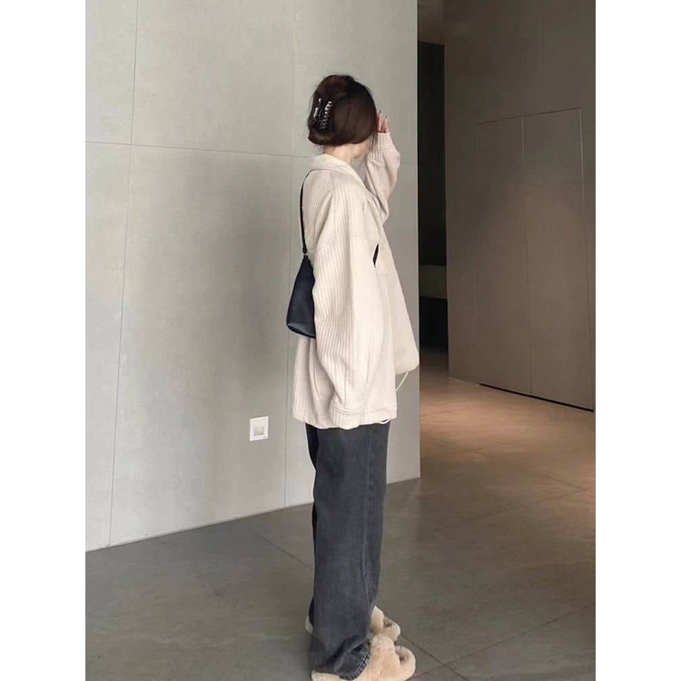 Áo khoác nỉ sọc caro cổ sơ mi form rộng