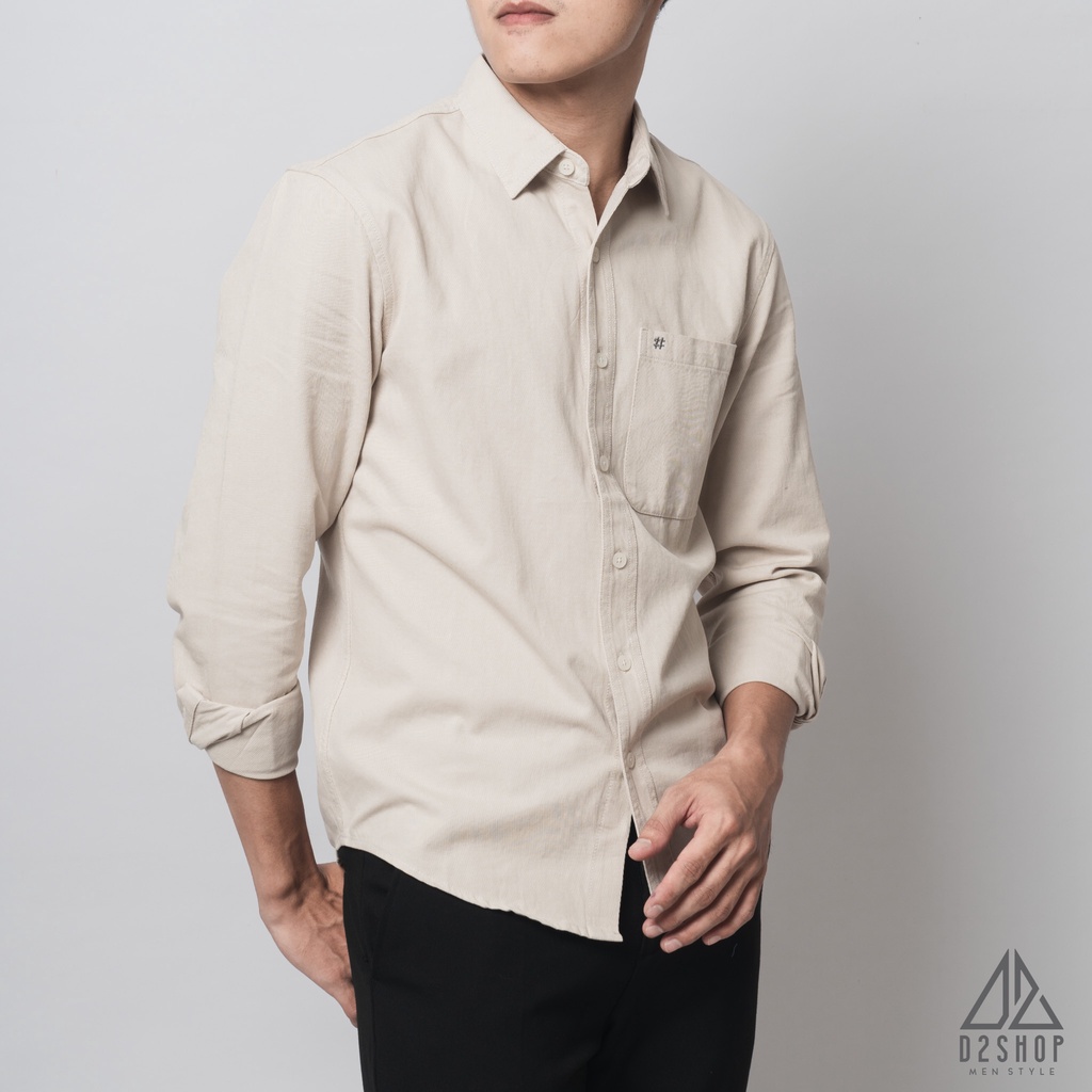 Áo sơ mi nam D2shop, áo sơ mi nam dài tay, vải xéo dày, đắp túi #, màu ivory