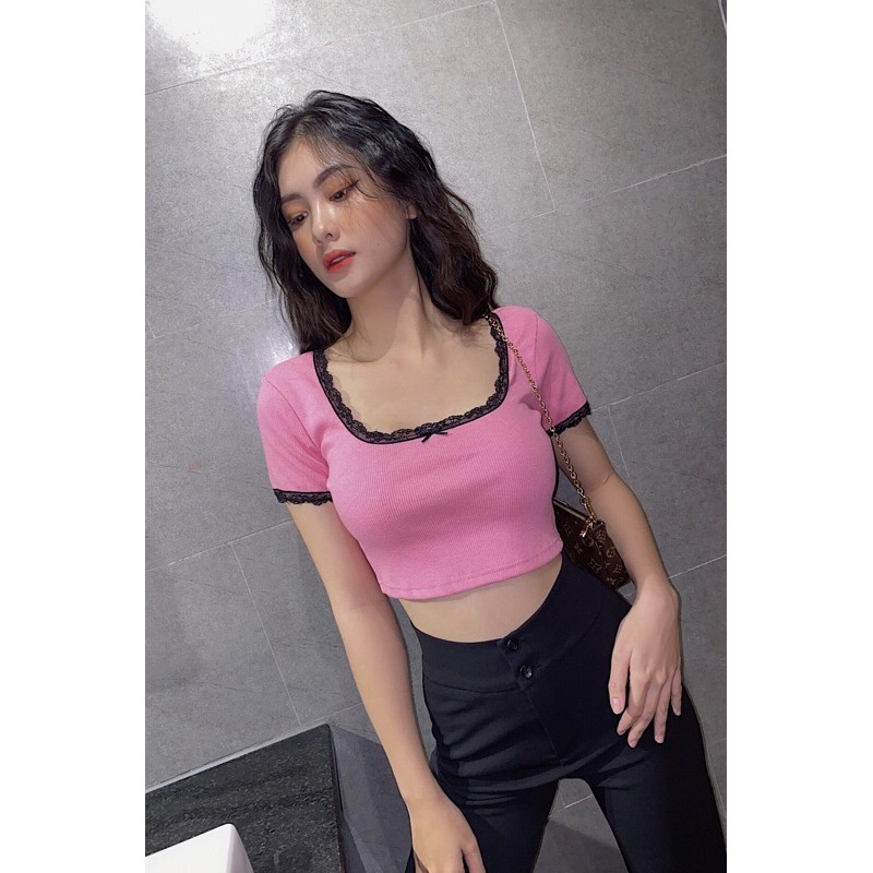 BASIC CROPTOP ❤️ Áo cổ vuông viền ren tay ngắn ❤️