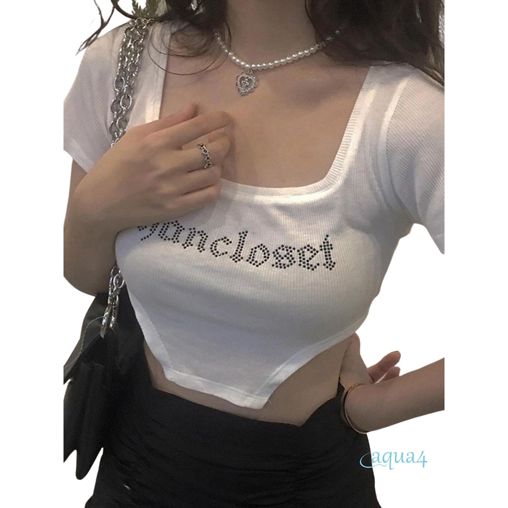 Áo croptop cổ vuông in chữ đính đá thời trang cho nữ