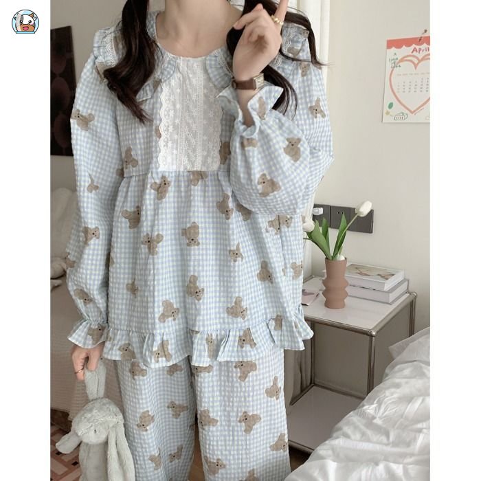 Bộ Đồ Ngủ Dài Tay Dáng Rộng In Hình Gấu Dễ Thương Thời Trang Mùa Xuân Thu Dành Cho Nữ Sinh