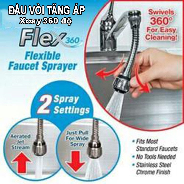 Đầu vòi tăng áp xoay 360 độ inox