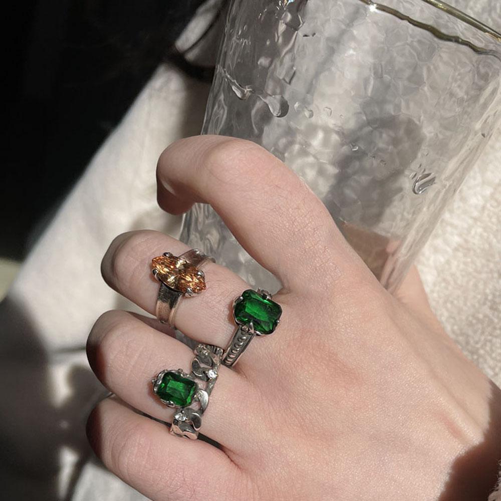 Nhẫn Kim Loại MXGOODS Màu Xanh Lá Cây|Nhẫn Thiết Kế Rỗng Phối Dây Xích Độc Đáo Thời Trang