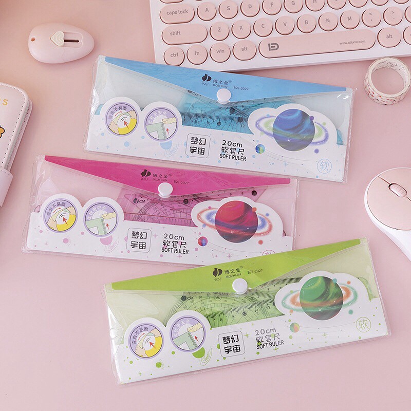 Bộ 4 chiếc thước kẻ cute_thước kẻ dẻo cho học sinh có túi đựng đẹp và tiện lợi chất liệu dẻo dai không lo gãy