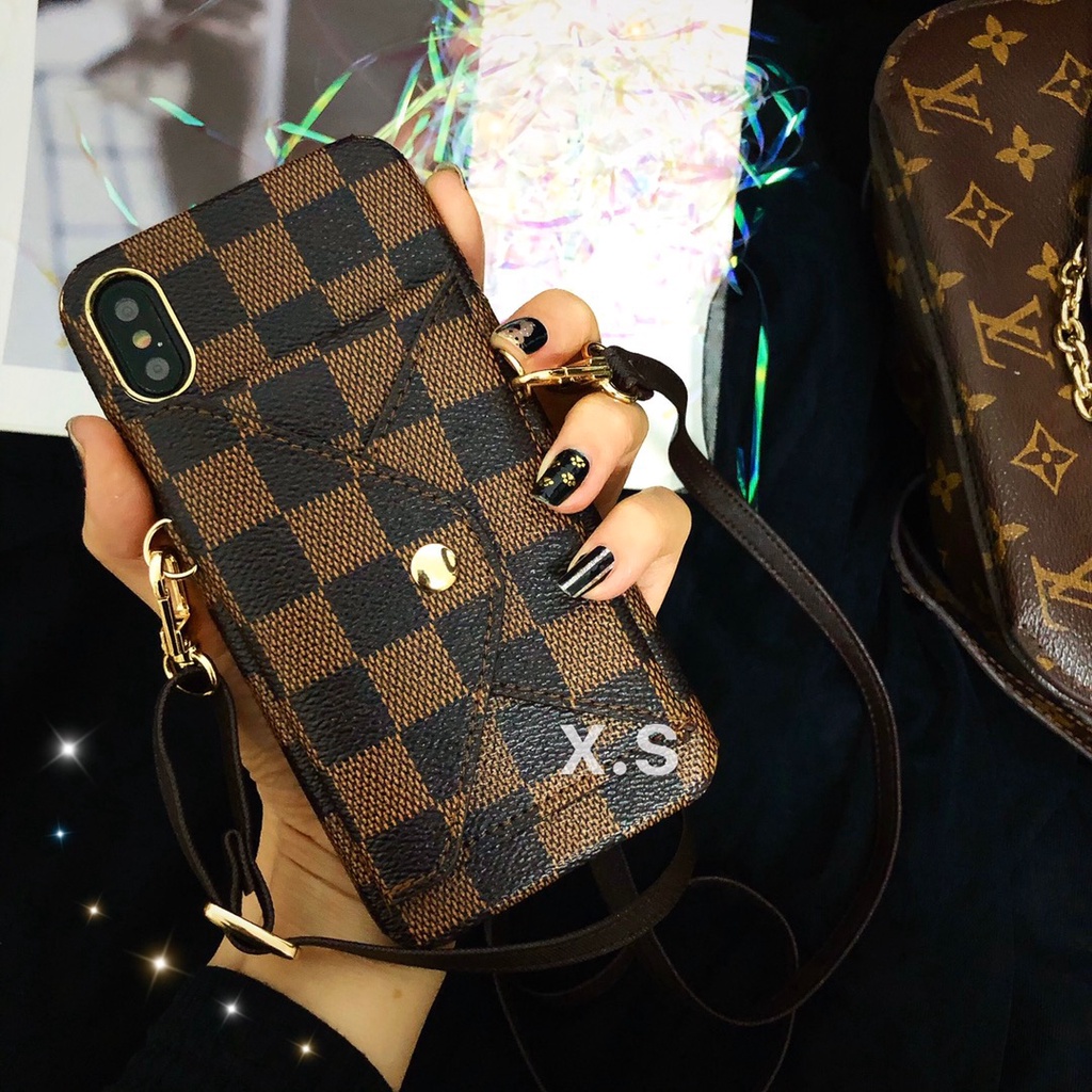 Ốp điện thoại họa tiết LV có ngăn đựng thẻ và dây đeo thích hợp cho iPhone 7 8 Plus X Xr XS Max 11 12 13 Pro Max 12 Mini