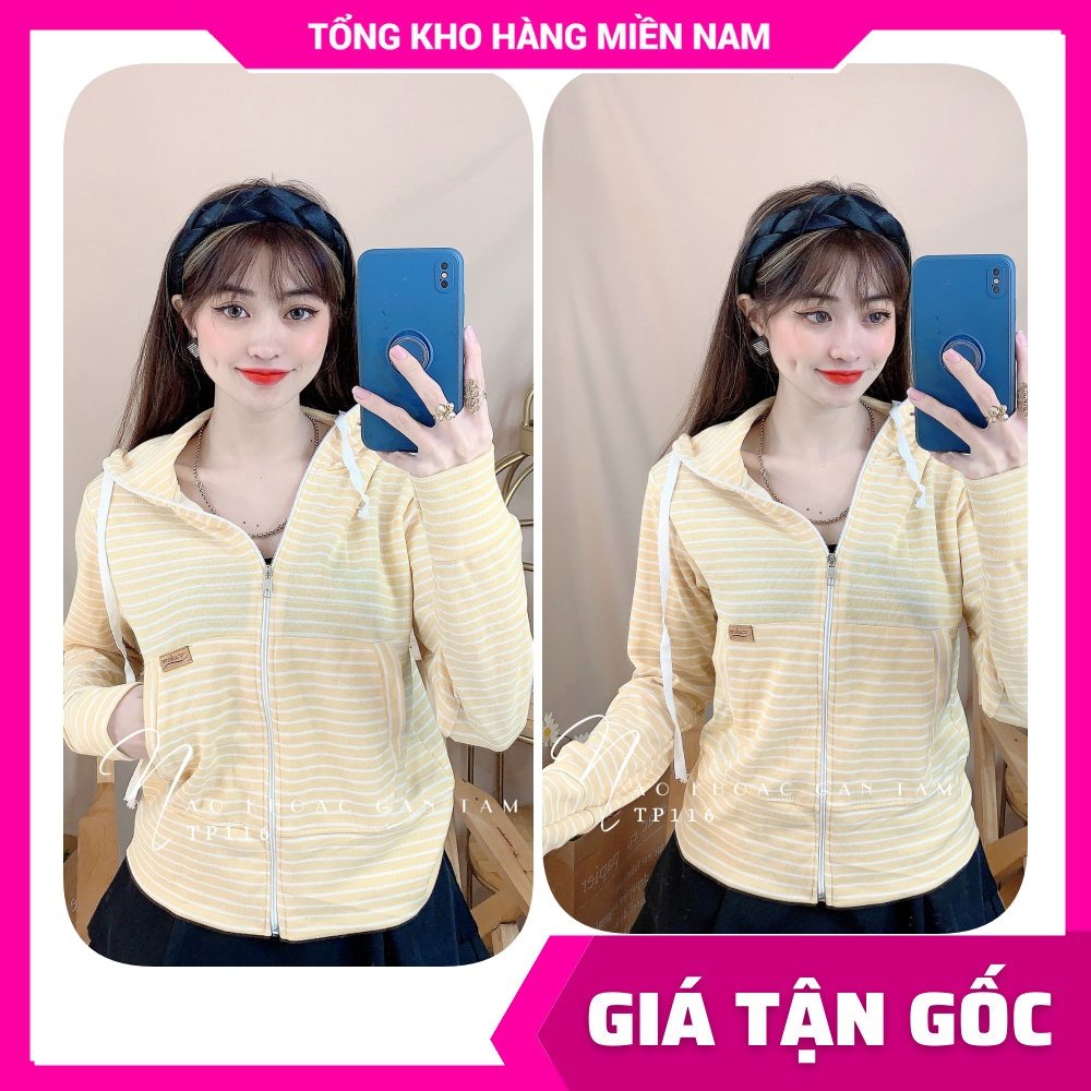 Áo khoác chống nắng có nón cho nữ chất thun gân tăm mềm mát co giãn lên phom ôm dáng phối sọc dễ thương TP116