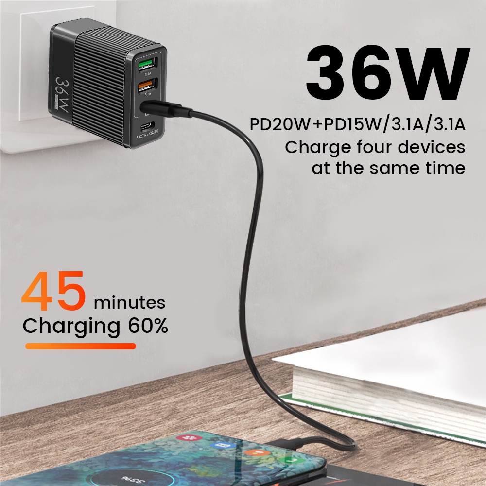 Củ sạc nhanh điện thoại ELOUGH 36W 4 cổng USB C thông dụng