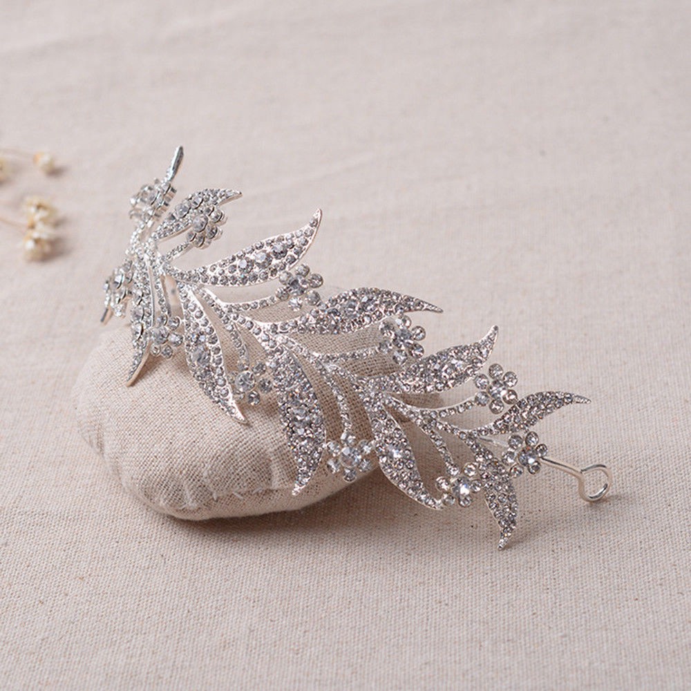 Vương miện hình lá đính đá pha lê sang trọng dành cho cô dâu