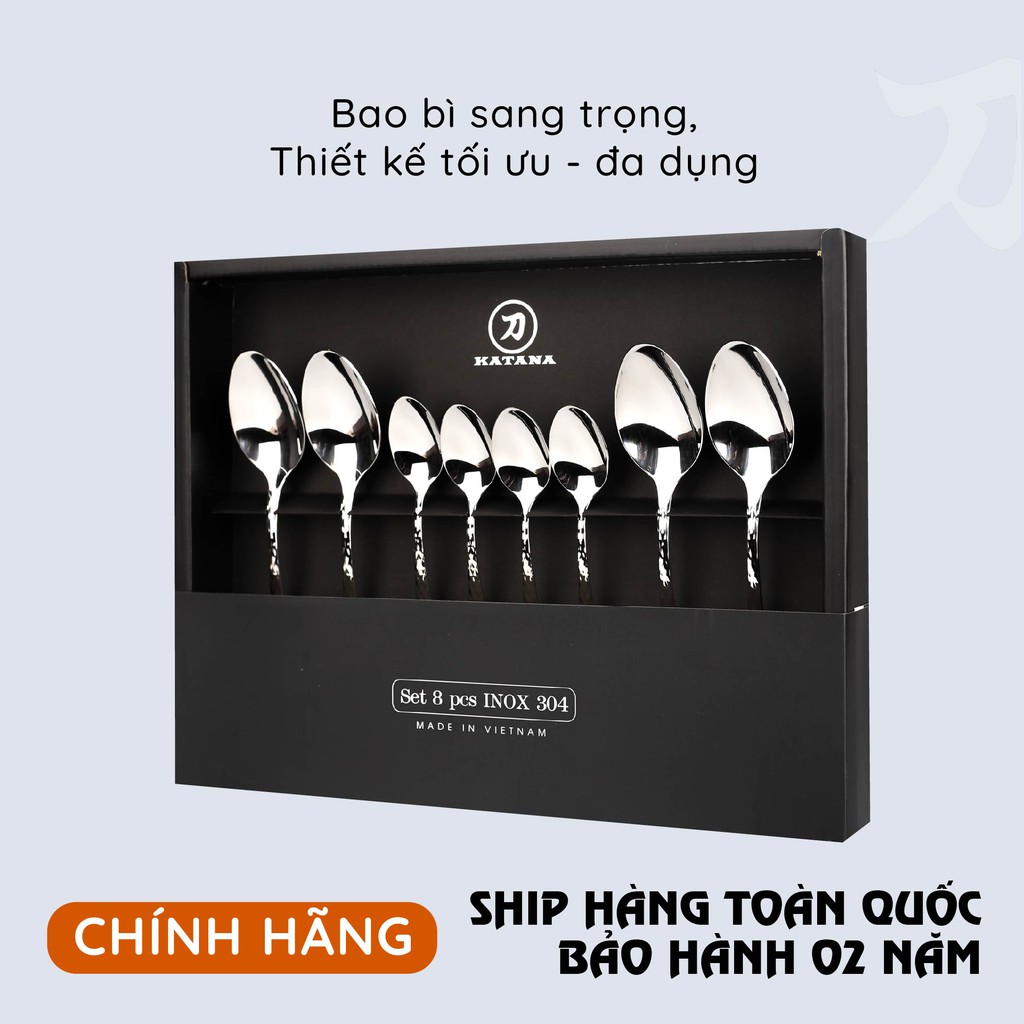 Set 8 món bàn ăn cao cấp inox 304 KATANA (4 thìa súp + 4 thìa trà) - vân trám chống bám vân tay VTK385