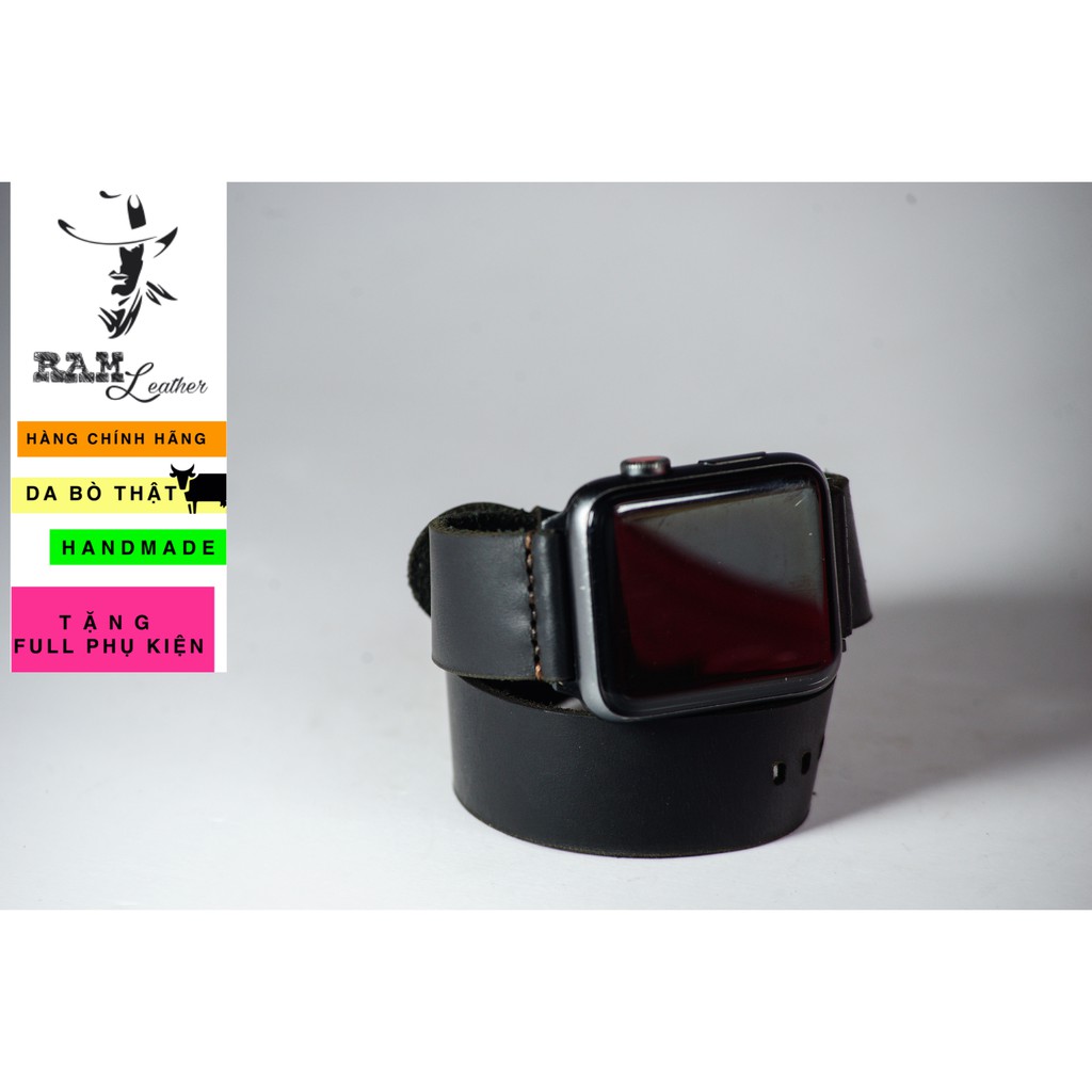 Dây đồng hồ RAM Leather da bò cao cấp màu đen RAM Leather doublestrap - tặng khóa chốt và cây thay dây