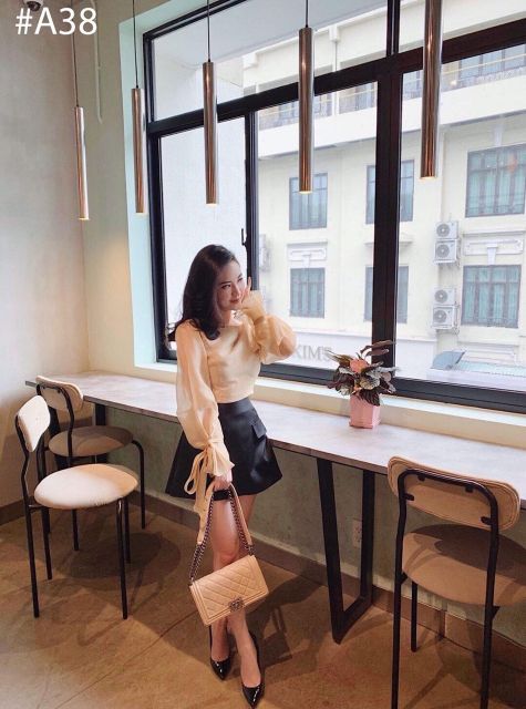 Áo xốp kiếng tay nơ - chân váy A