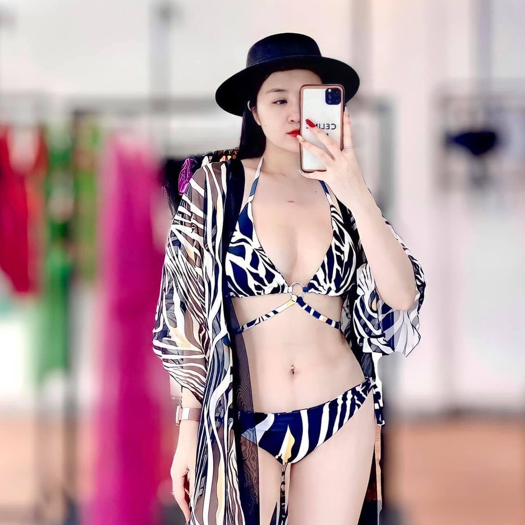 Bikini 3 mảnh họa tiết vằn trắng đen, set 3 chi tiết đồ bơi nữ kèm áo khoác sang chảnh Bikini191