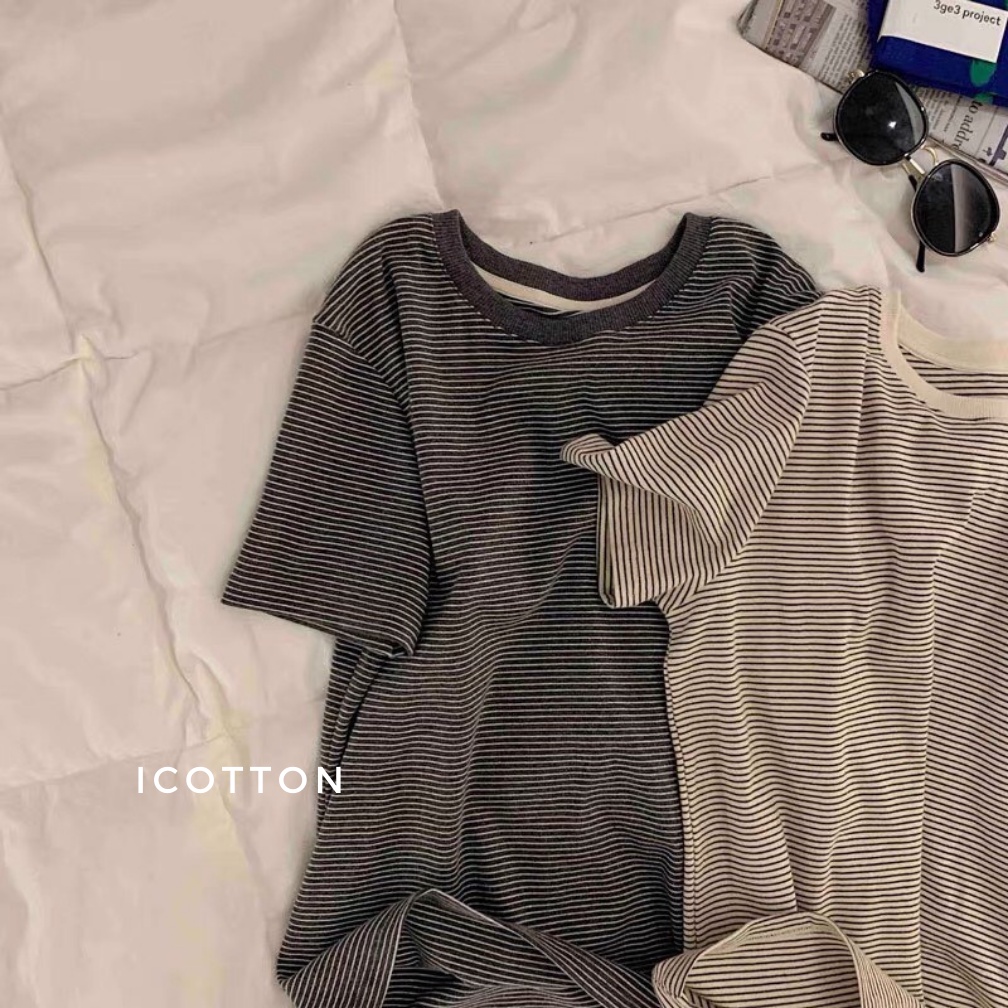 Áo thun nữ tay lỡ form rộng Icotton  áo phông nữ dáng rộng sọc ngang mềm mại cá tính