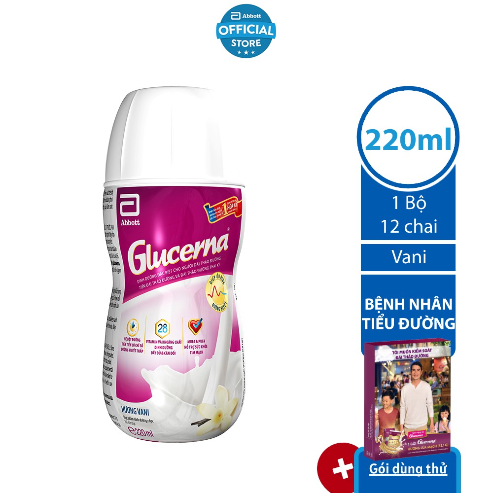 [Tặng 1 gói dùng thử Glucerna lúa mạch] Bộ 12 chai Sữa nước cho người bệnh tiểu đường Glucerna 220ml/chai