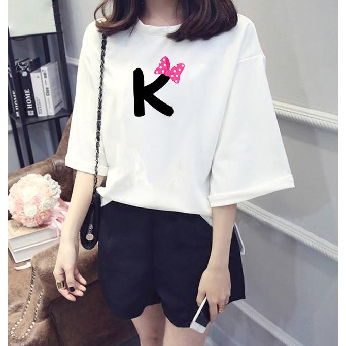 Áo thun nữ tay lỡ form rộng chữ K đeo nơ vải dày mịn TEEWOC11