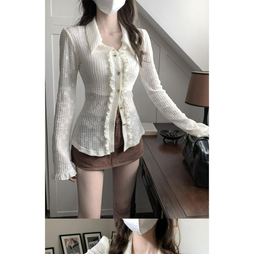 Set áo sơ mi trắng ren tay dài bèo + chân váy nâu chữ A