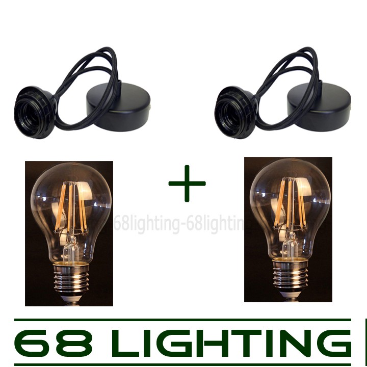 Bộ 2 dây đèn thả trần đơn kèm bóng đèn Led Edison A60 trang trí nhà, quán cafe, trà sữa cao cấp 68lighting LP0571