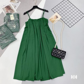 set váy maxi 2s xếp ly xanh lá đậm