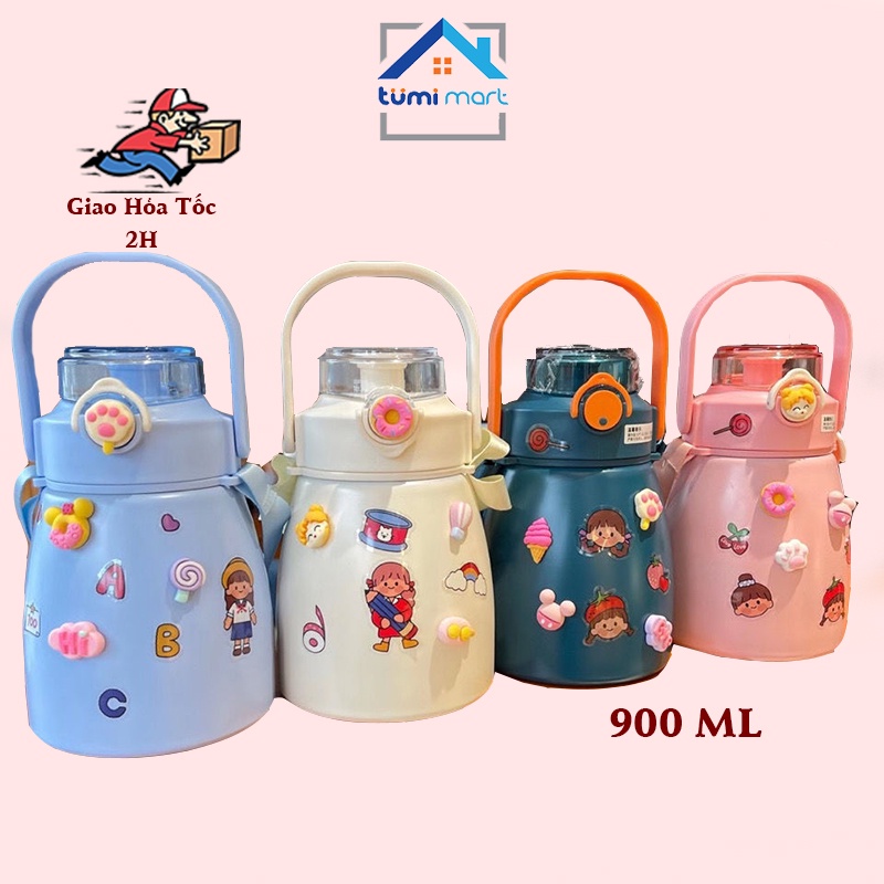 bình giữ nhiệt 900ml cute có ống hút, inox 304 không rỉ an toàn Sticker Tặng Kèm Cute