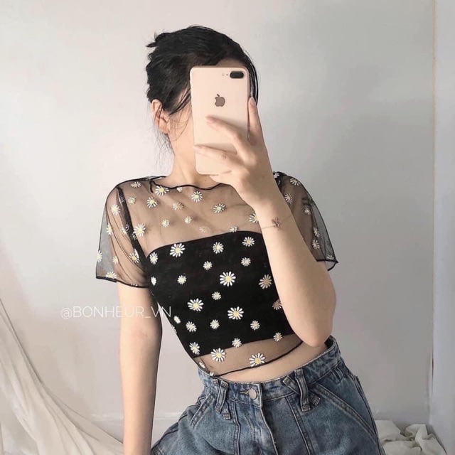 ÁO croptop lưới hoa cúc áo mỏng trong suốt