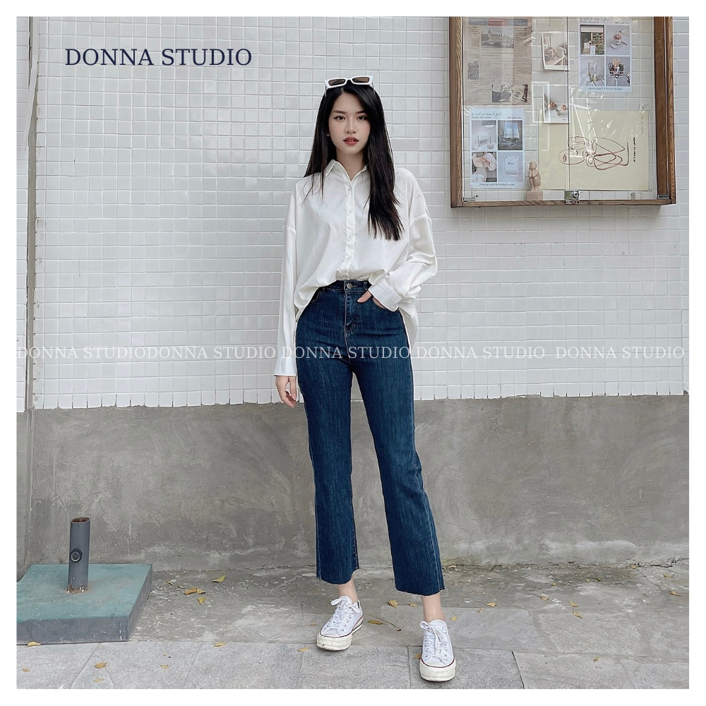 Quần Bò Nữ Ống Đứng Xanh Đậm Cắt Gấu DONNA Quần Jean Tôn Dáng Chất Lượng Cao