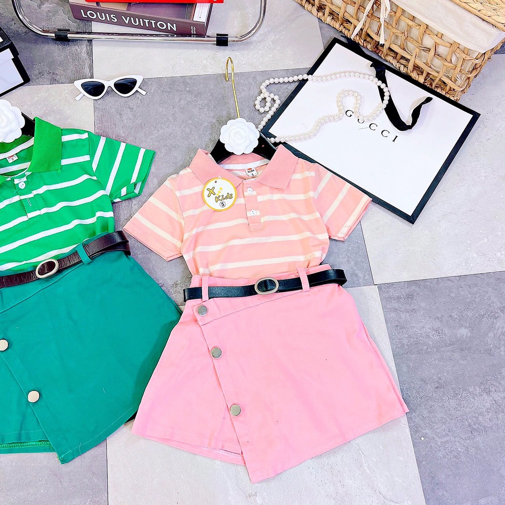 Sét váy kèm áo thun cho bé gái, set áo kẻ có cổ kèm quần vạt chéo khỏe khoắn cho bé