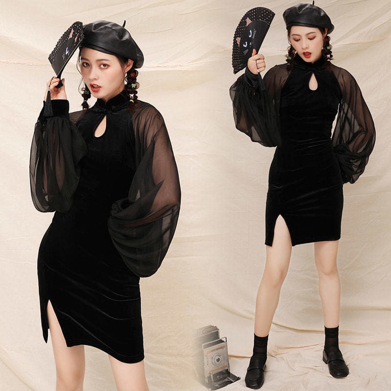 Đầm nhung sườn xám cách tân đen tay bồng organza trẻ trung quyến rũ