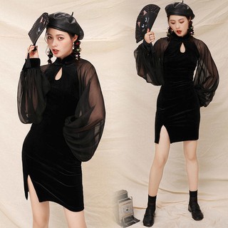 Đầm nhung sườn xám cách tân đen tay bồng organza trẻ trung quyến rũ