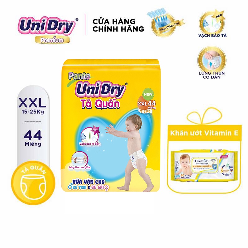 (Tặng 1 khăn ướt Vitamin E) Tã quần UniDry gói Jumbo M60/L54/XL48/XXL44