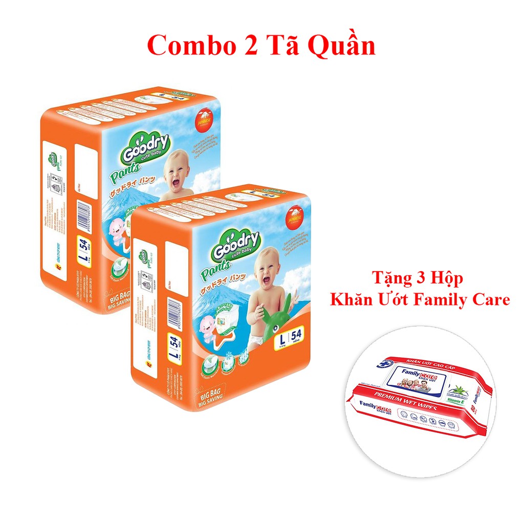 Combo 2 Tã Quần Goodry size M60/L54/XL48/XXL44 ( Tặng khăn ướt Family Care )