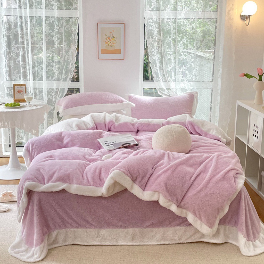 [THÁCH THỨC ĐẠI HÀN] Bộ 4 món chăn ga gối nỉ nhung tuyết sữa viền bèo nhập khẩu - Cao cấp, sang trọng, siêu ấm