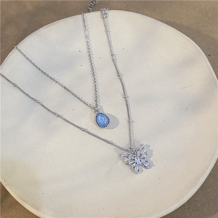 Dây chuyền 19A1074 đính đá zircon hình giọt nước màu xanh dương / mặt bướm phong cách cổ điển Hàn Quốc