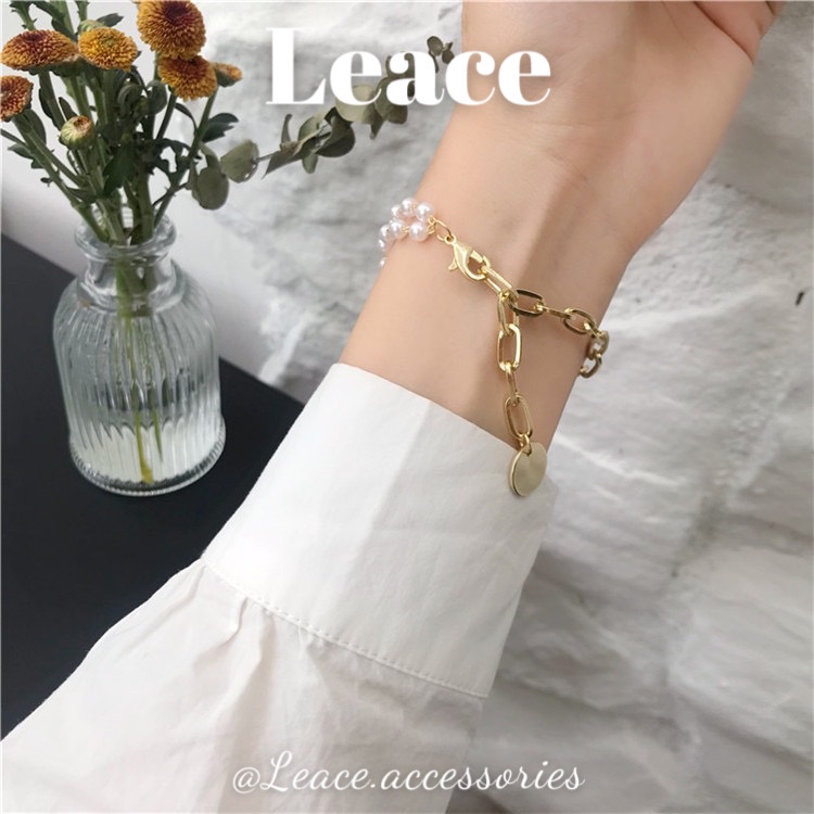 Vòng tay nữ, lắc tay 2 lớp hạt ngọc nhân tạo mix xích mặt đồng xu BL014 Leace.accessories