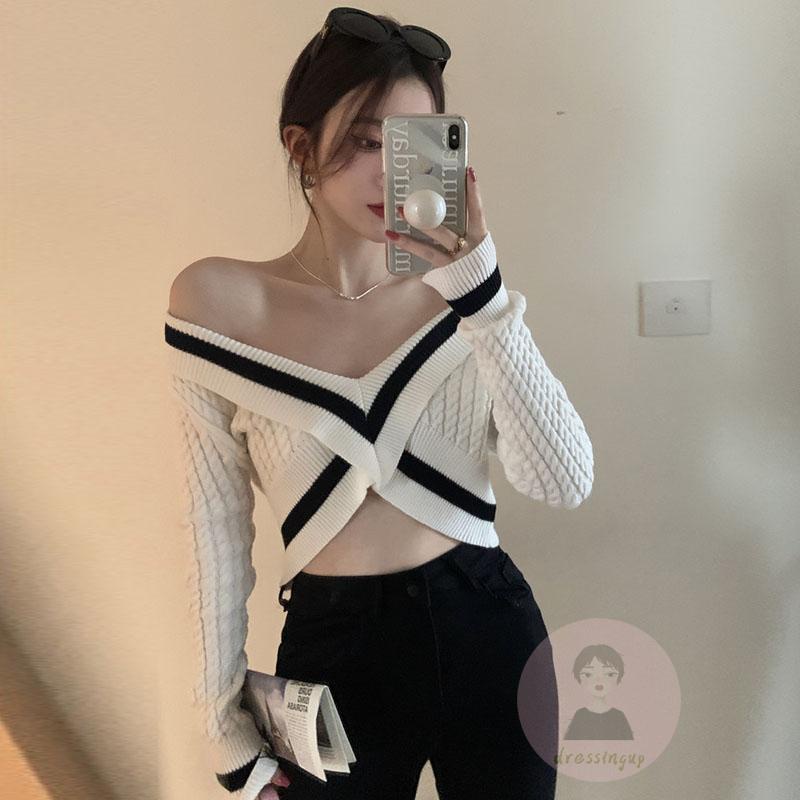 Áo Sweater Trễ Vai Tay Dài Họa Tiết Kẻ Sọc Phong Cách Pháp Thời Trang Mùa Thu Cho Nữ