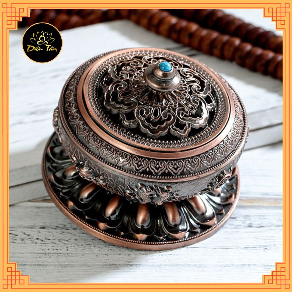 Lư xông trầm hương khắc hình bát bảo cát tường, tặng một hộp trầm nụ và trụ cắm nhang vòng.