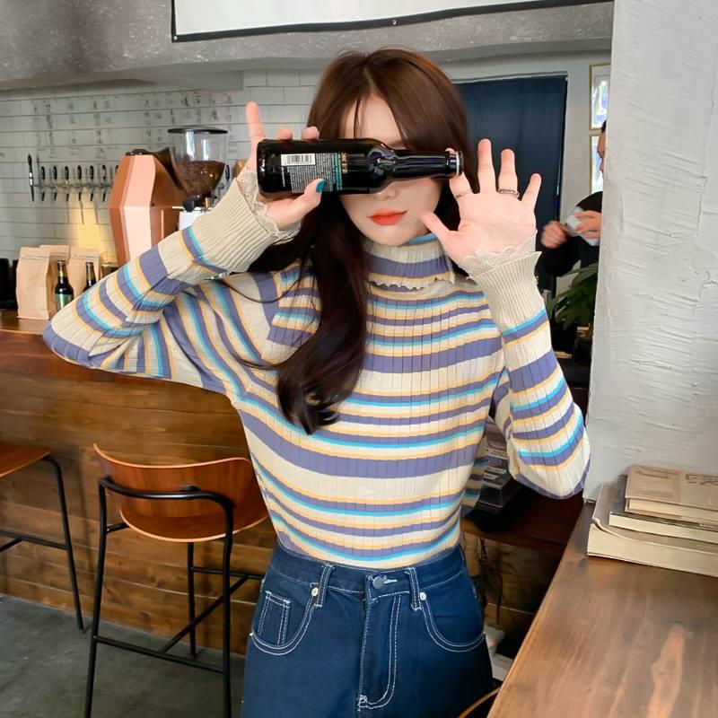 Áo len ZHELIHANGFEI tay dài cổ lọ họa tiết sọc theo phong cách phương Tây dễ phối đồ